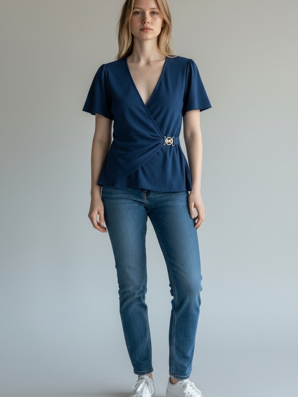 Michael Kors Navy Wrap Peplum Top with Buckle Detail NWT